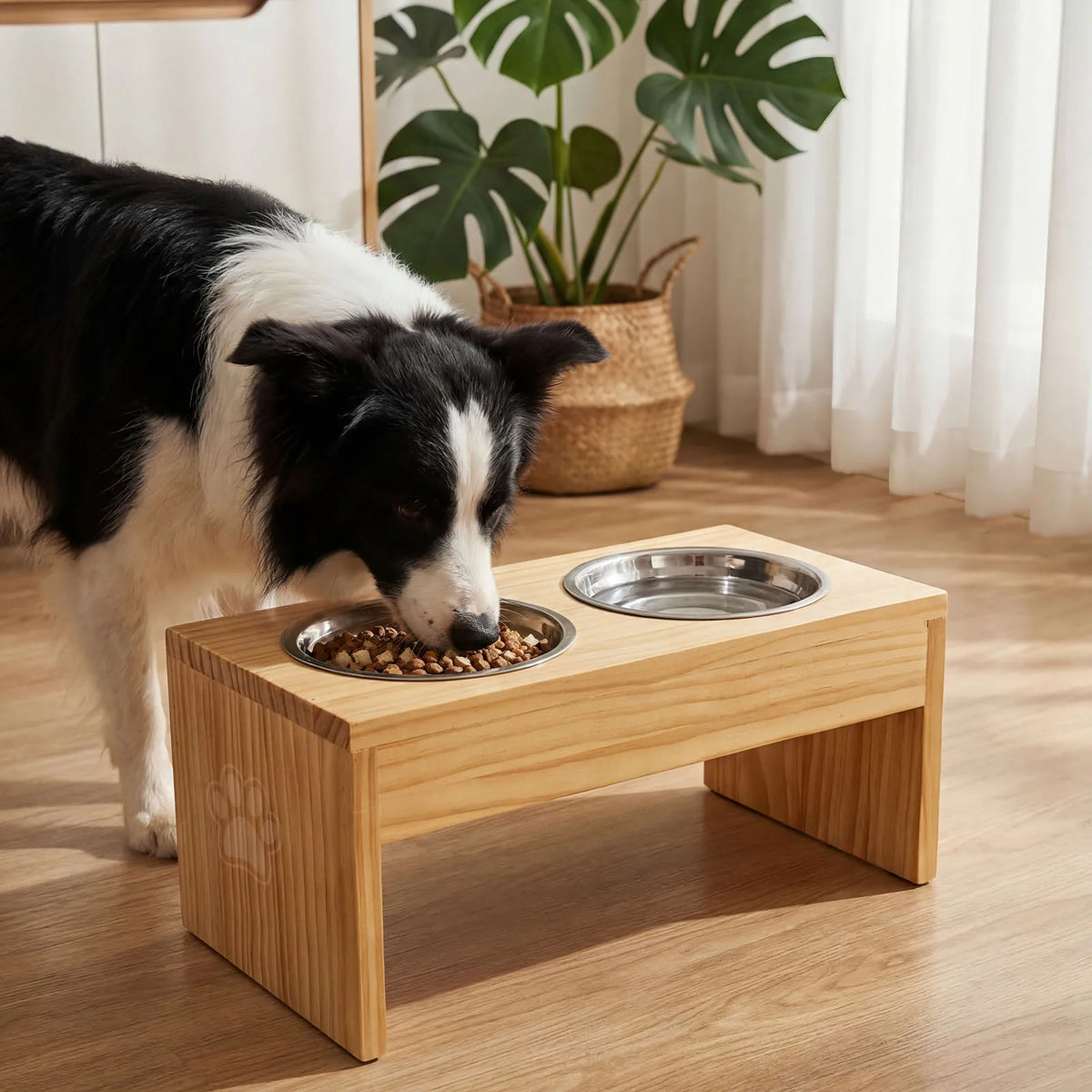 Elevated Wooden Dog Feeder With Stainless Steel Double Bowls
