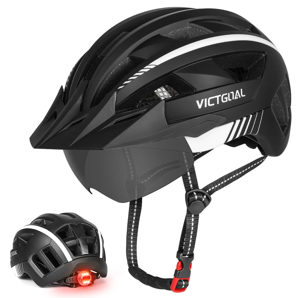 VICTGOAL MTB Bike Helmet with Sun Visor Goggles for Men Women Bicycle Helmets Taillight Night Safety Caps for Cycling Electric Scooter