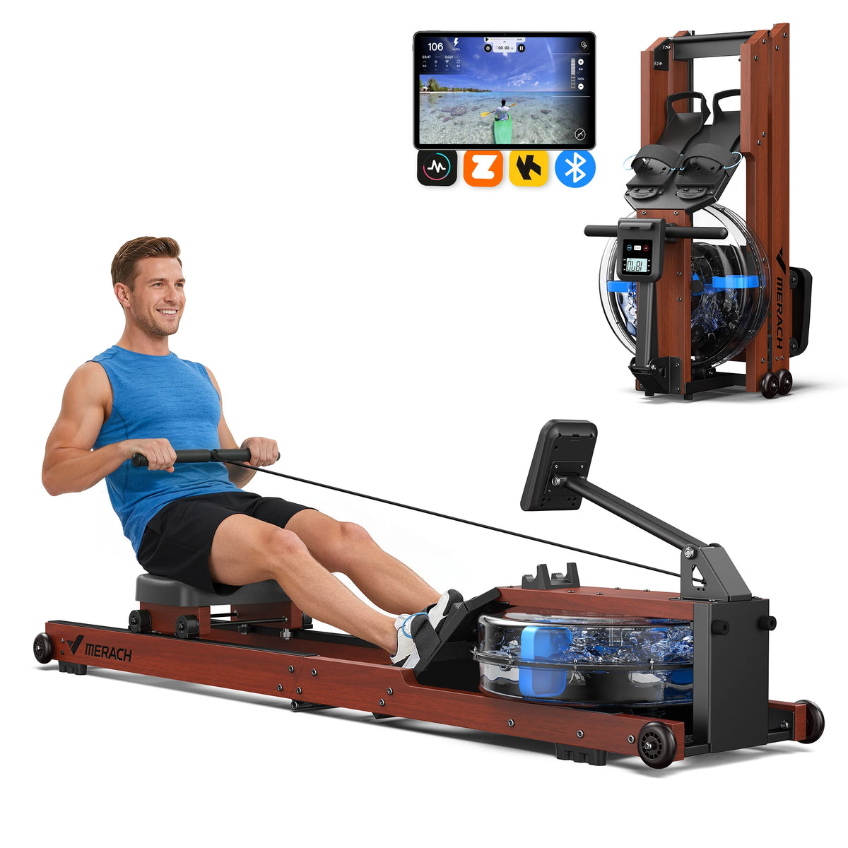 Merach R280 Water Rowing Machine, Foldable & Space-Saving 400lbs Capacity Immersive Rowing Feel Water Resistance Adjustment Leak-Free and Sturdy Premium Solid Wood Frame with 10-Min Easy Assembly