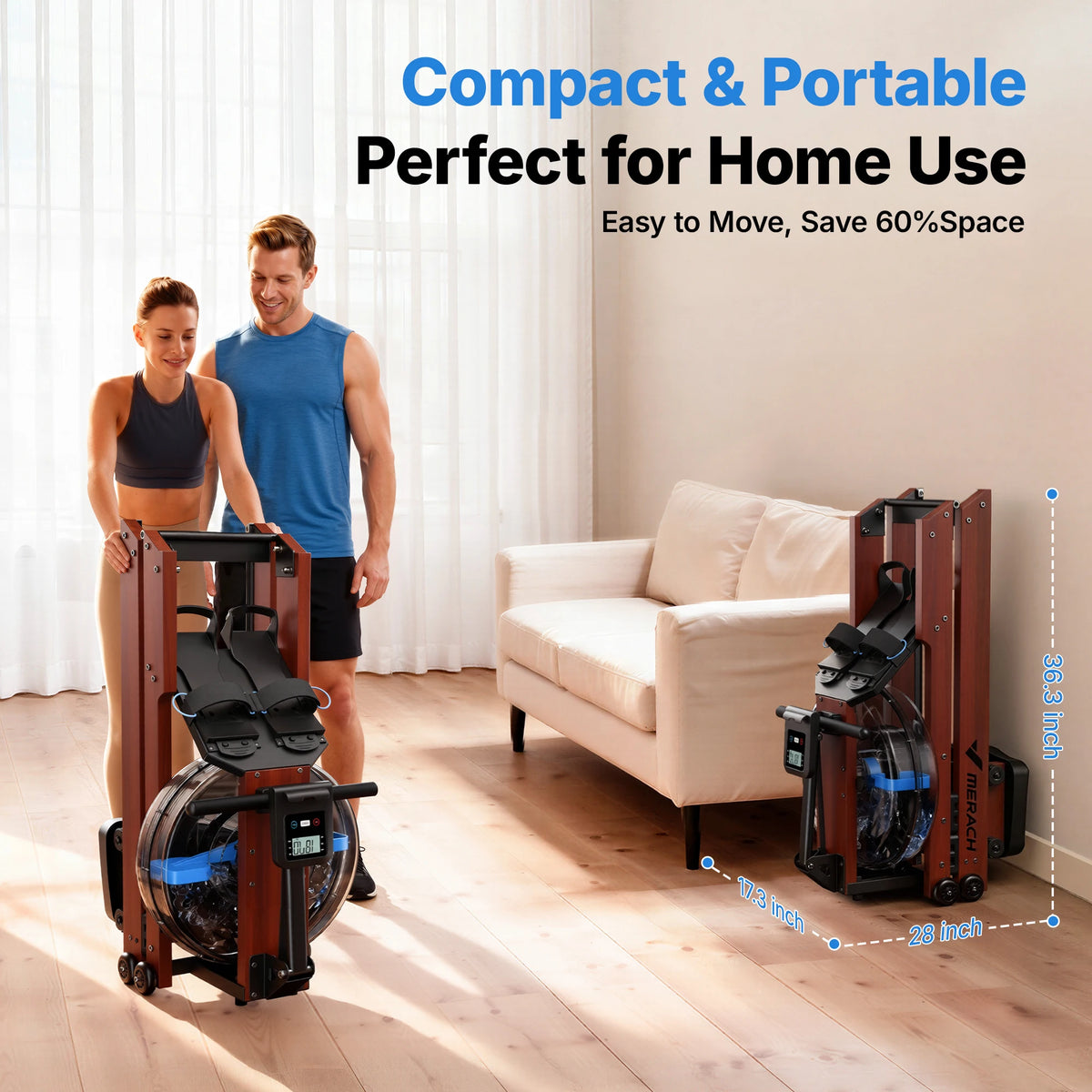 Merach R280 Water Rowing Machine, Foldable & Space-Saving 400lbs Capacity Immersive Rowing Feel Water Resistance Adjustment Leak-Free and Sturdy Premium Solid Wood Frame with 10-Min Easy Assembly