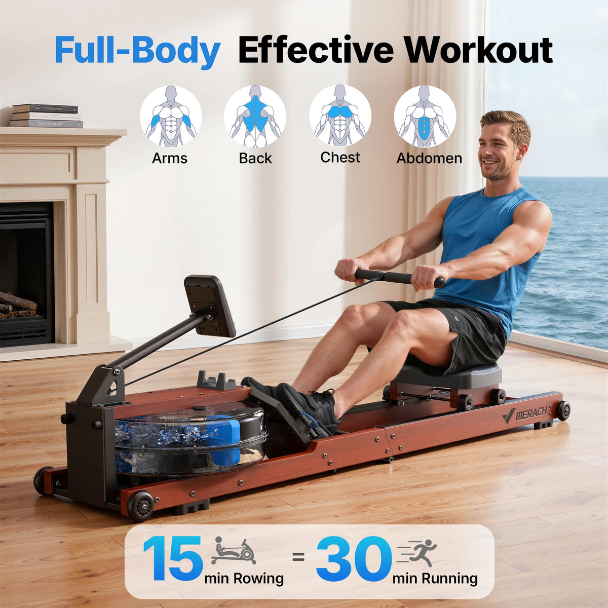 Merach R280 Water Rowing Machine, Foldable & Space-Saving 400lbs Capacity Immersive Rowing Feel Water Resistance Adjustment Leak-Free and Sturdy Premium Solid Wood Frame with 10-Min Easy Assembly