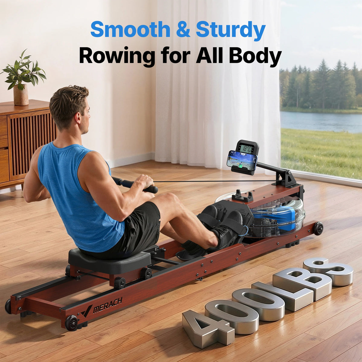 Merach R280 Water Rowing Machine, Foldable & Space-Saving 400lbs Capacity Immersive Rowing Feel Water Resistance Adjustment Leak-Free and Sturdy Premium Solid Wood Frame with 10-Min Easy Assembly