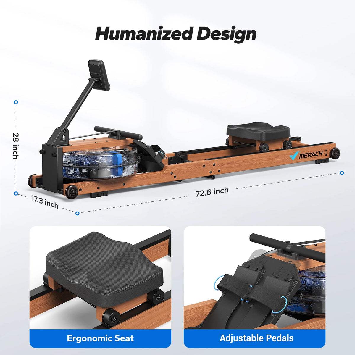 Merach R280 Water Rowing Machine, Foldable & Space-Saving 400lbs Capacity Immersive Rowing Feel Water Resistance Adjustment Leak-Free and Sturdy Premium Solid Wood Frame with 10-Min Easy Assembly
