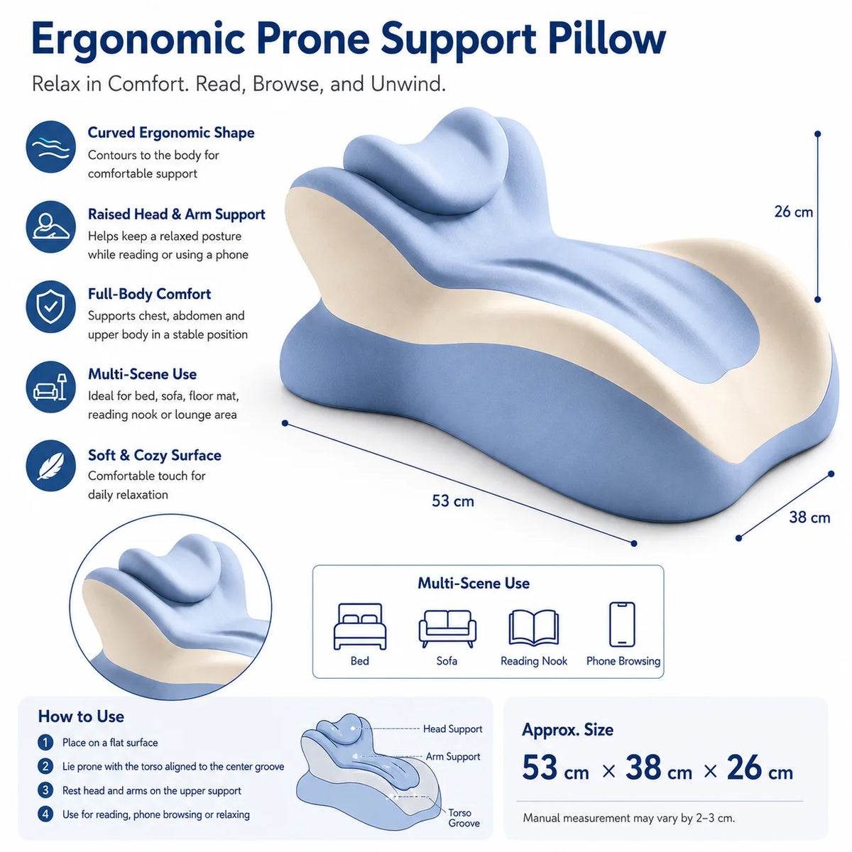 Memory Foam Prone Reading Pillow With Removable Headrest And Support