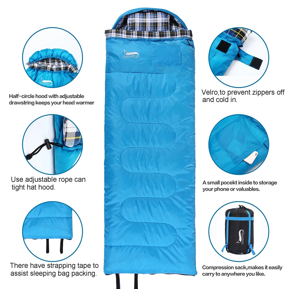 Desert&Fox Soft Flannel Sleeping Bag With Pillow Winter Camping Hiking
