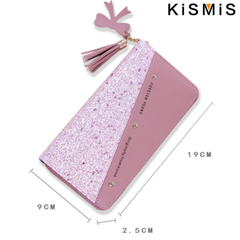 Women Patchwork Leather Wallet With Tassel And Multiple Pockets