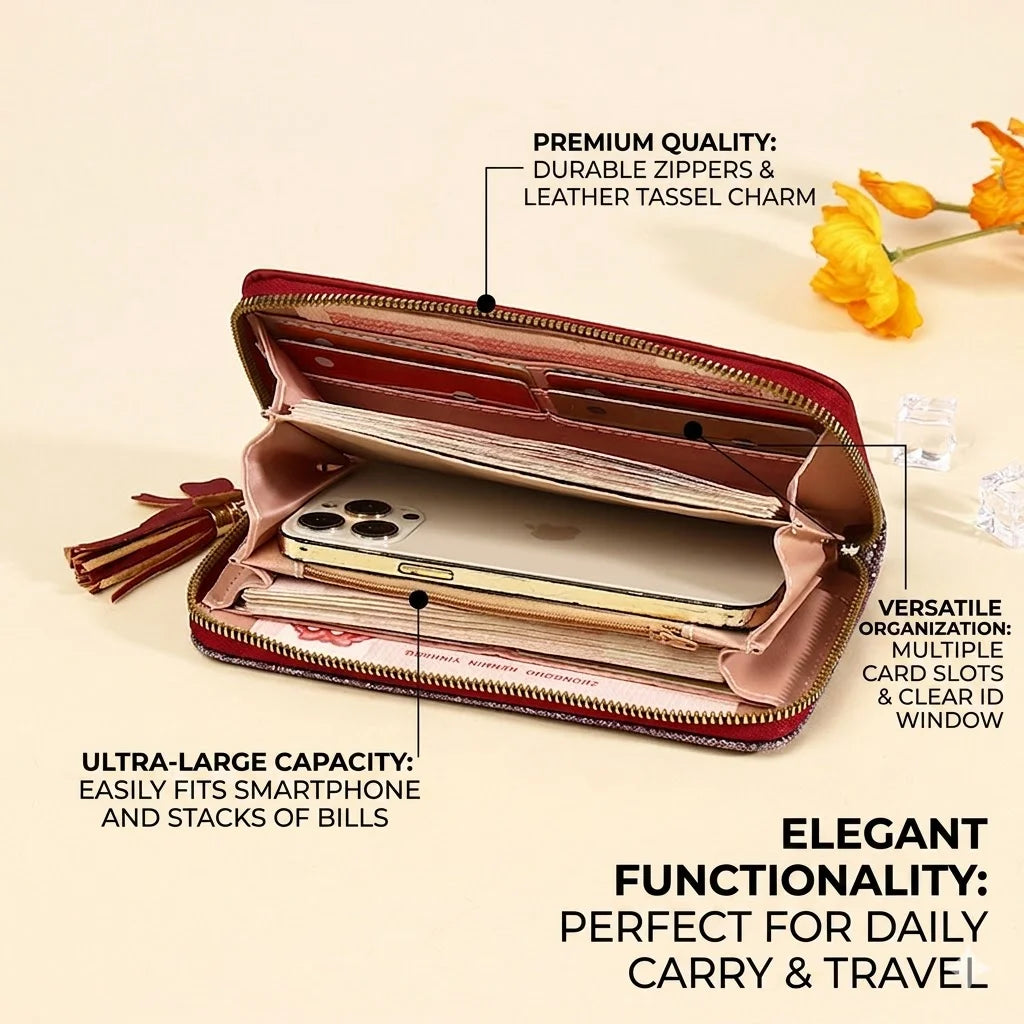 Women Patchwork Leather Wallet With Tassel And Multiple Pockets