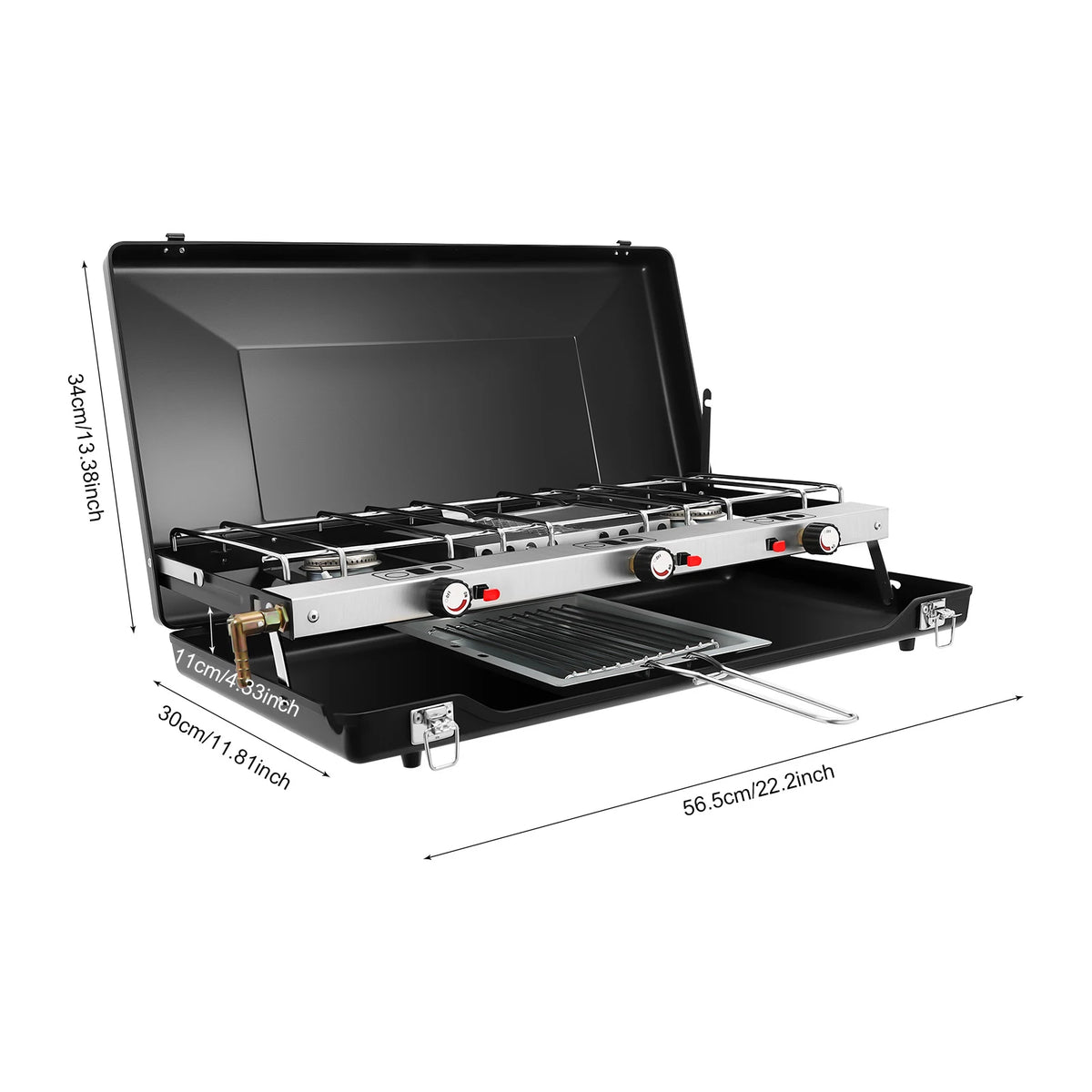 Portable Three Burner Gas Camping Stove Featuring Piezo Ignition System