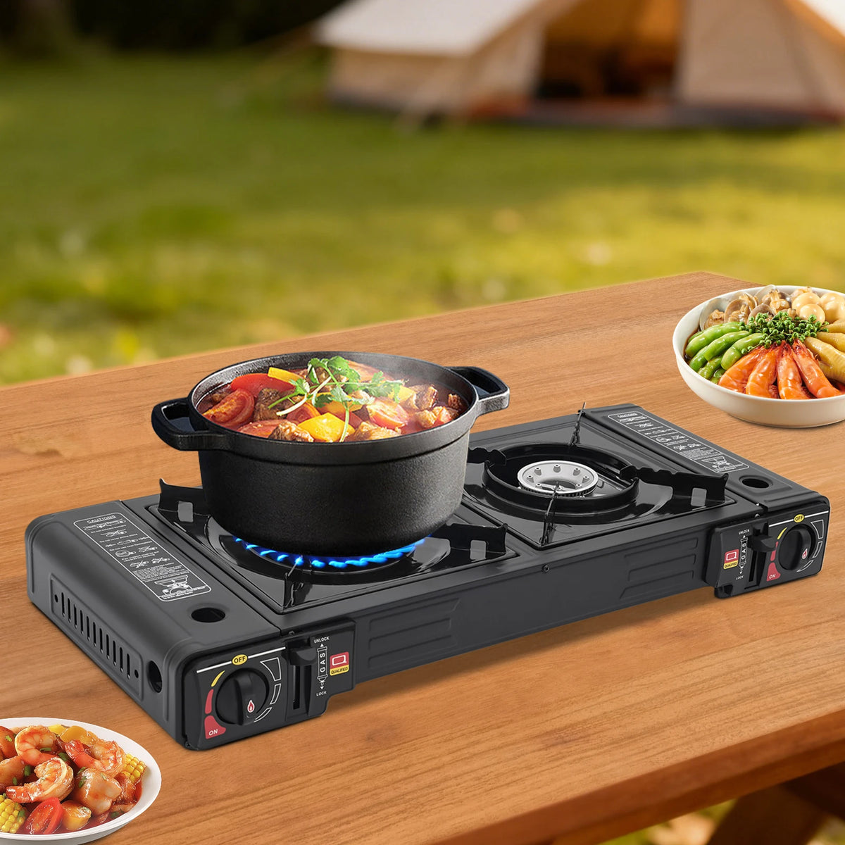 Portable Double Burner Gas Camping Stove With Piezo Ignition
