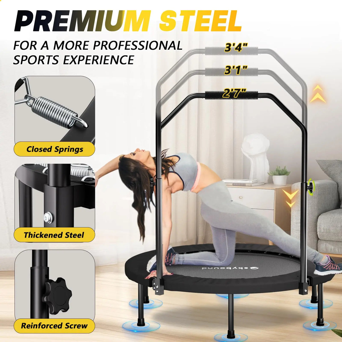 Adults Foldable Mini Trampoline Fitness Rebounder With Adjustable Handle