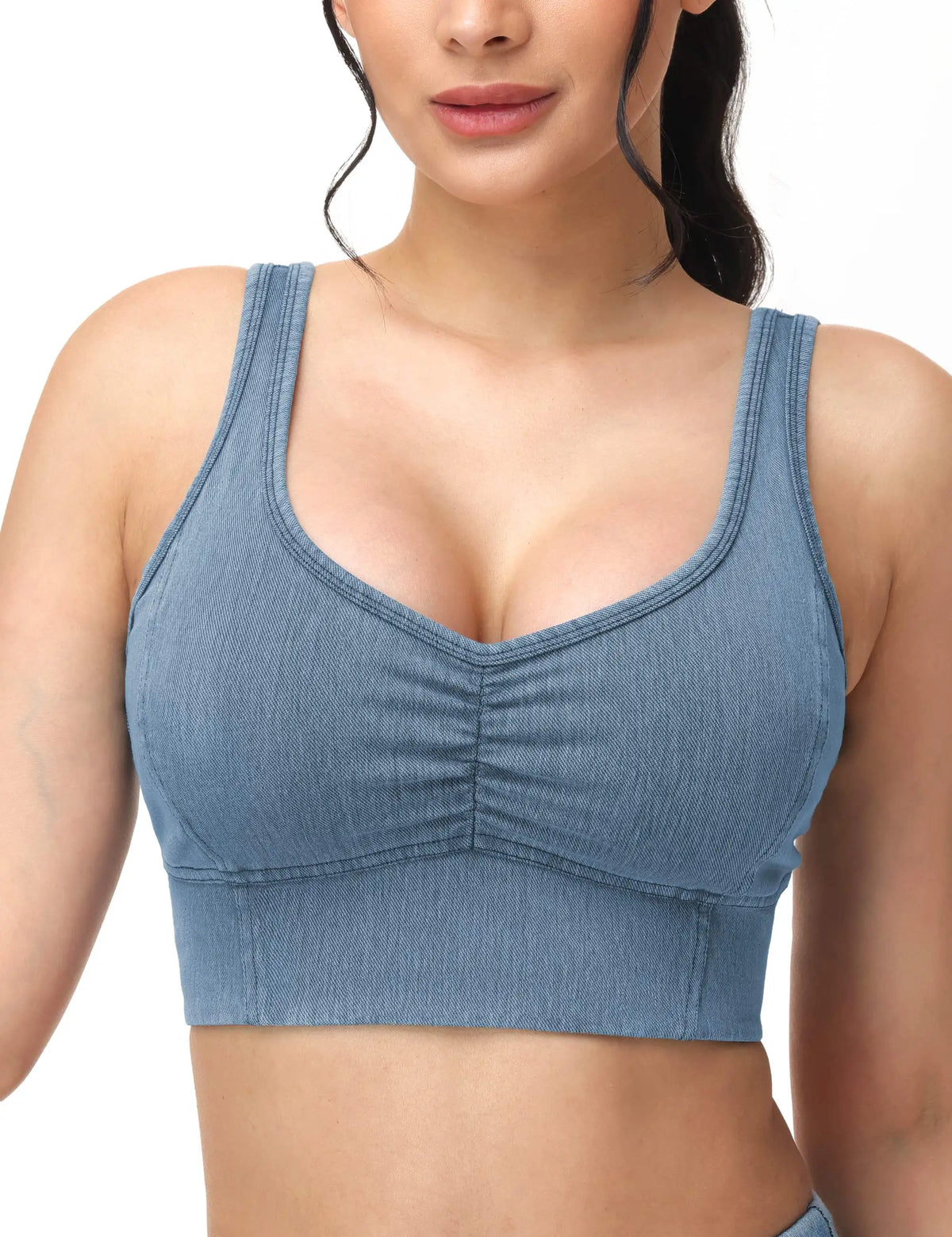 THE GYM PEOPLE Women's U Back Jean Crop Tank Tops with Built in Bra Stretchy Front scrunch  Casual Denim Longline Bras