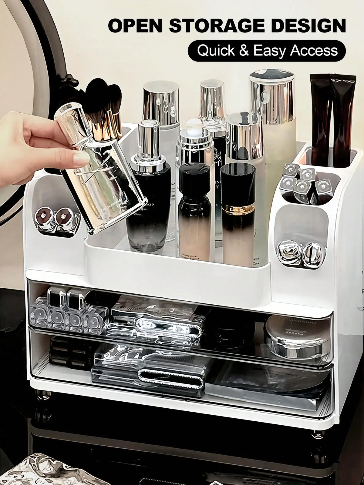 Makeup Organizer With Drawers And Brush Holders For Vanity Storage