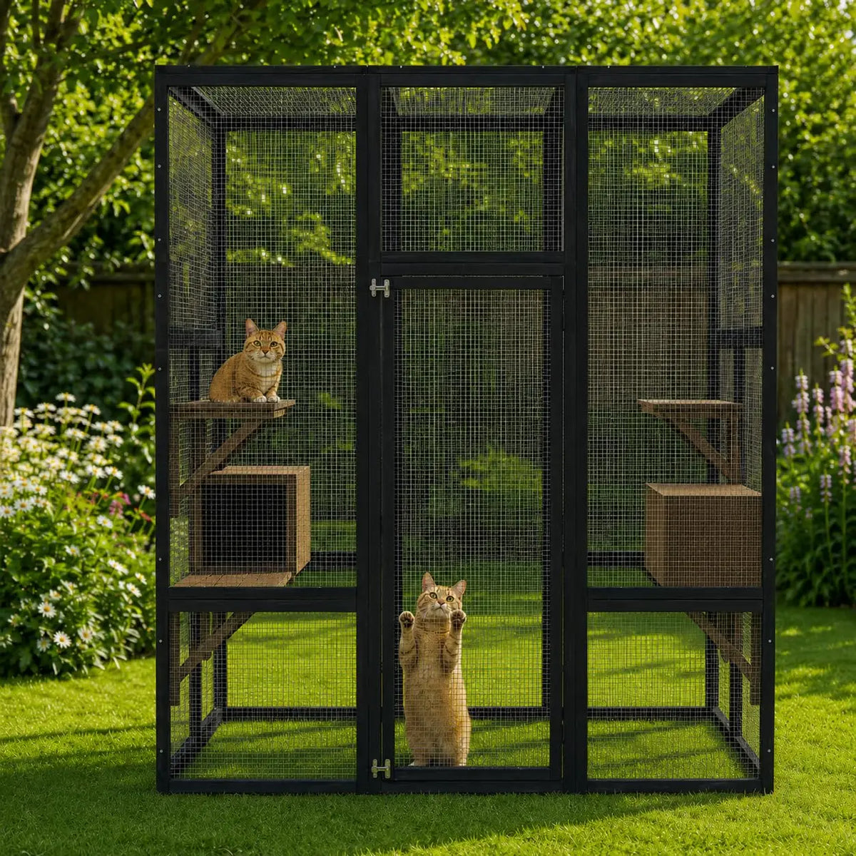 HiMISS Wooden Outdoor Cat Enclosure With Waterproof Roof And Platforms