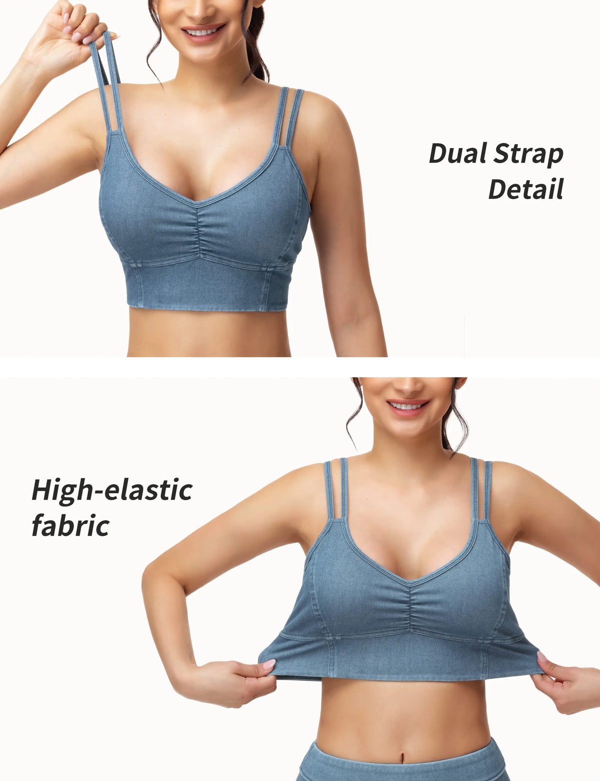 THE GYM PEOPLE Women's Stretchy U Back Wireless Bras V-Neck Strappy Denim Crop Tops Removable Pads