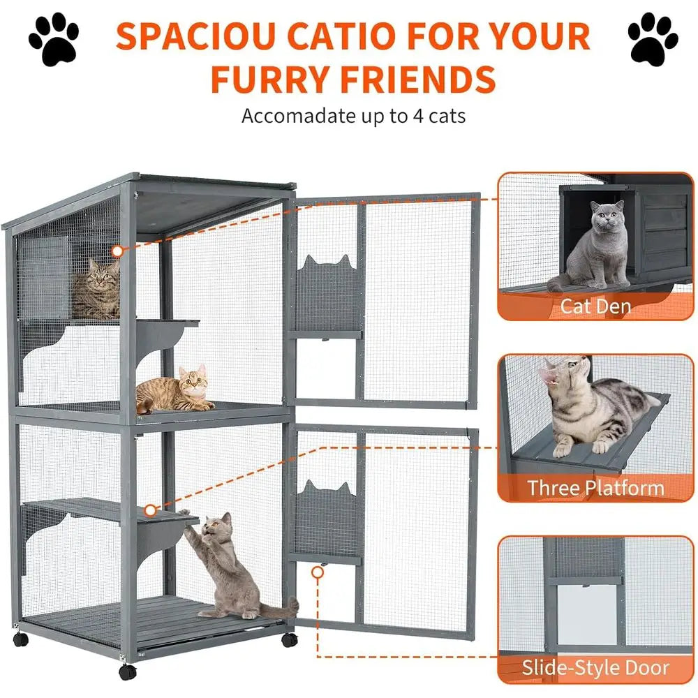Wooden Multi Level Cat Patio Enclosure With Lockable Wheels
