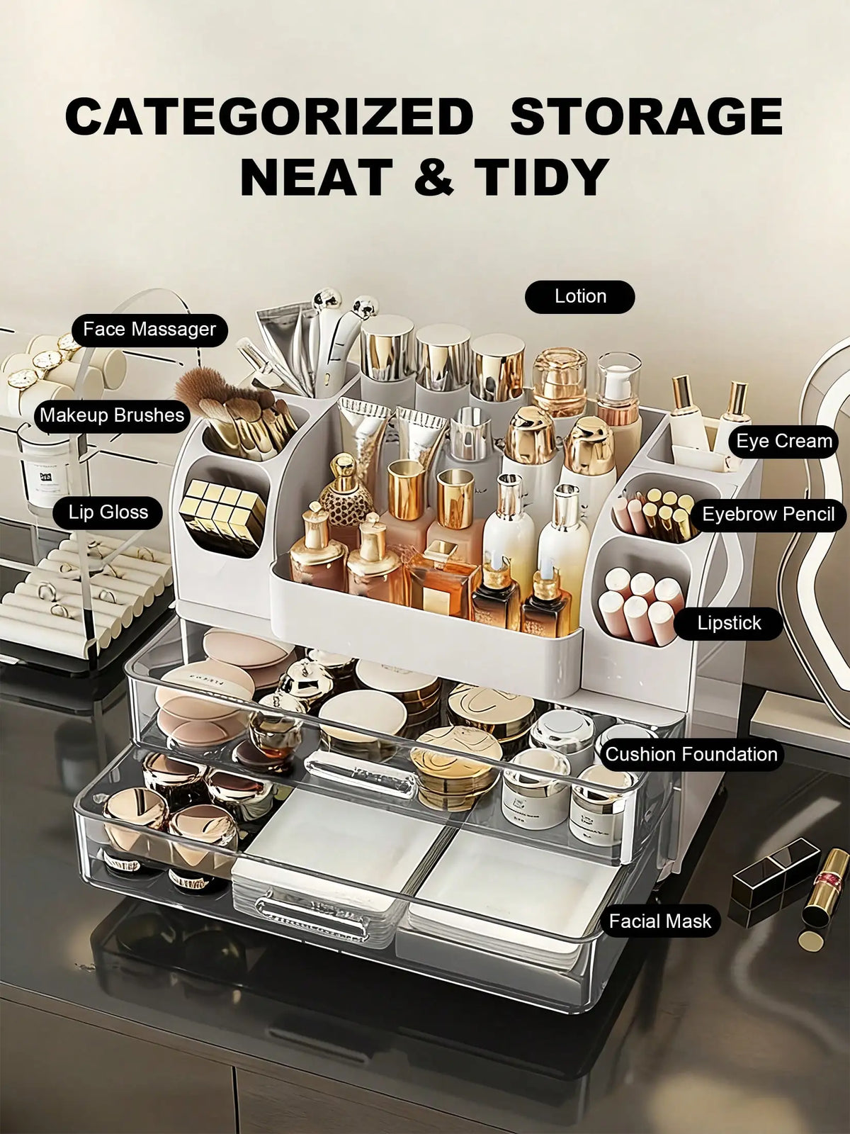 Makeup Organizer With Drawers And Brush Holders For Vanity Storage