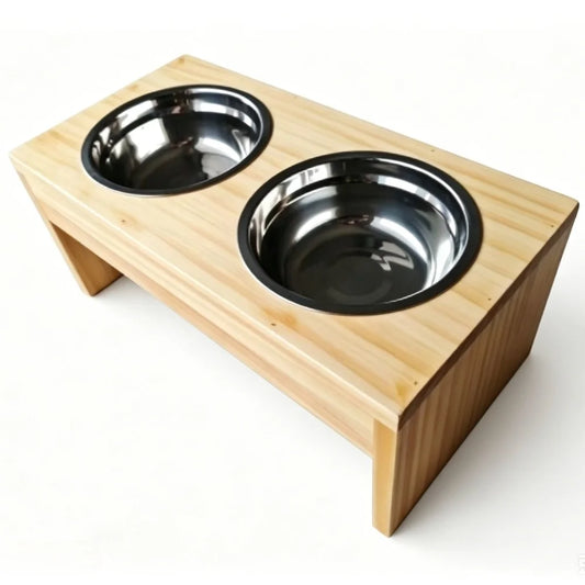 Elevated Wooden Dog Feeder With Stainless Steel Double Bowls