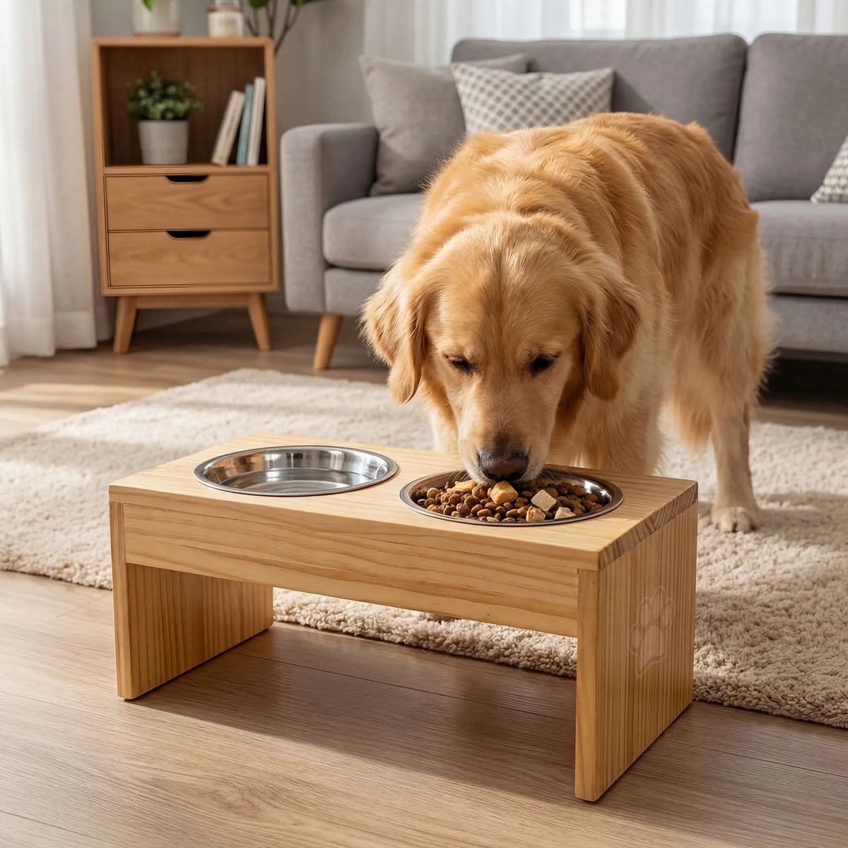 Elevated Wooden Dog Feeder With Stainless Steel Double Bowls