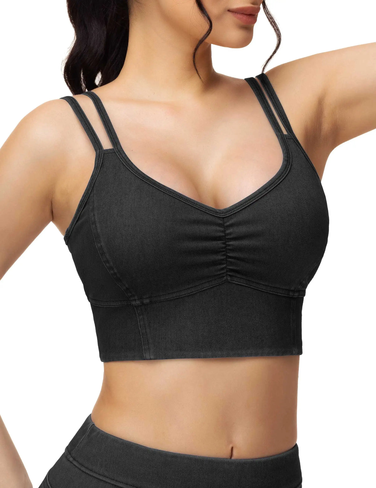 THE GYM PEOPLE Women's Stretchy U Back Wireless Bras V-Neck Strappy Denim Crop Tops Removable Pads