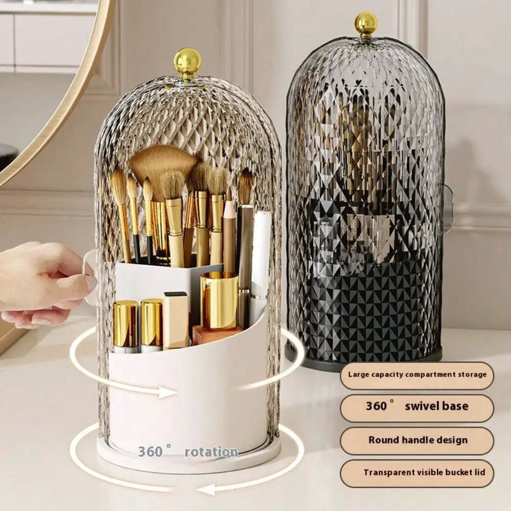 Rotating Clear Dustproof Makeup Organizer With Lid for Brushes and Cosmetics