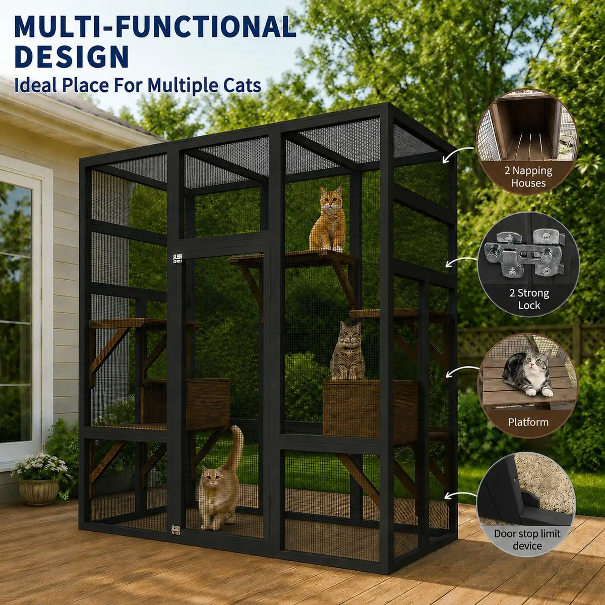 HiMISS Wooden Outdoor Cat Enclosure With Waterproof Roof And Platforms