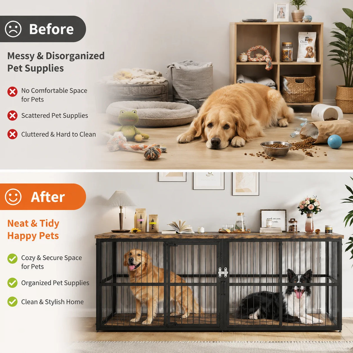 Heavy Duty Wooden Double Dog Crate With Divider And Storage