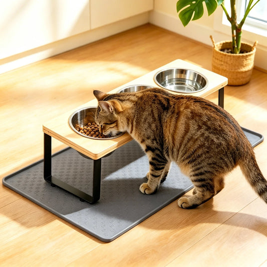 Elevated Stainless Steel Cat Feeder With Tilted Bowls And Mat