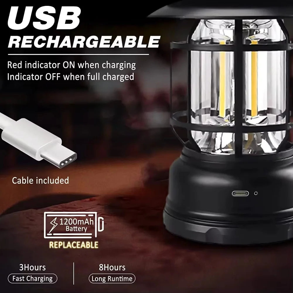 Outdoor Camping Lantern Portable USB Rechargeable Lamp Retro LED Light For Emergency Fishing Hiking Tent Nightlight Waterproof