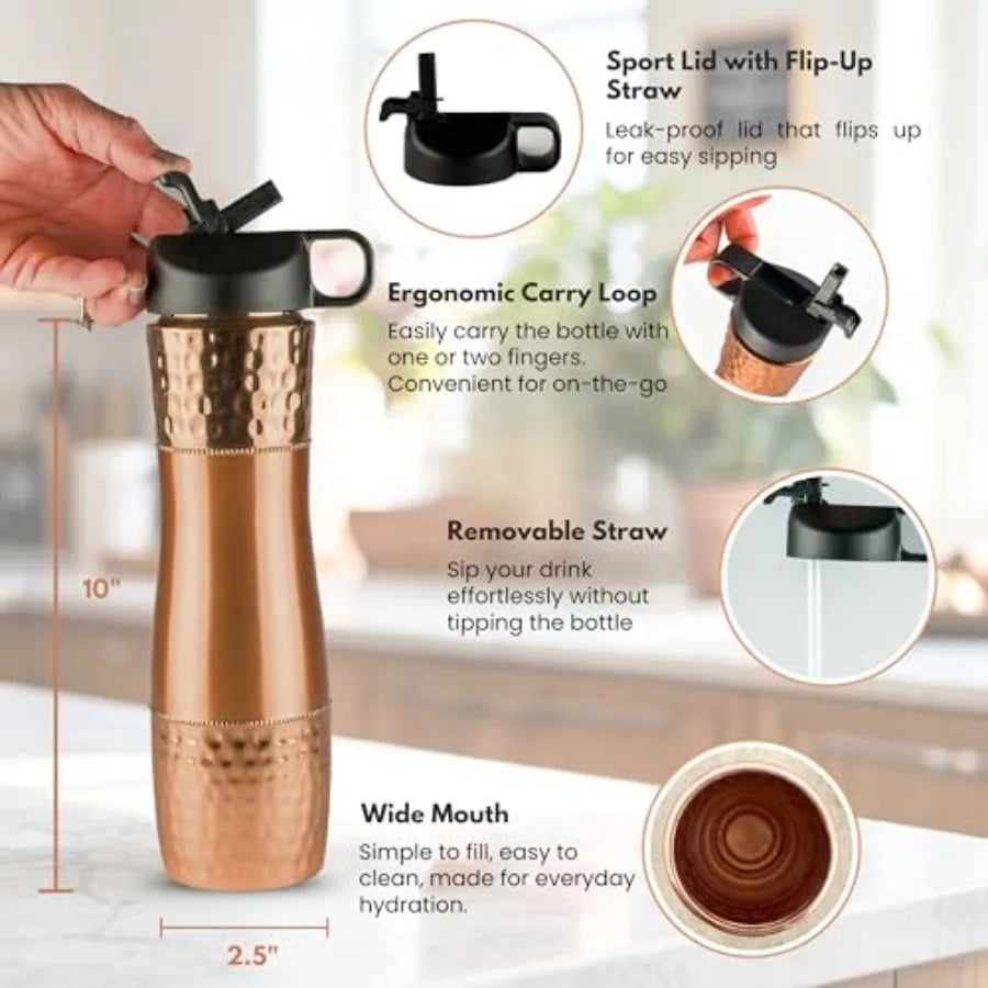 Ayurvedic Copper Drinking Water Bottle With Straw And Sports Lid