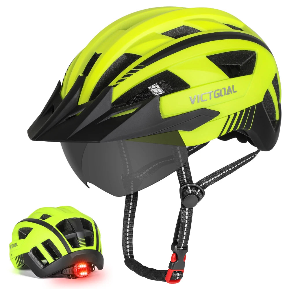 VICTGOAL MTB Bike Helmet with Sun Visor Goggles for Men Women Bicycle Helmets Taillight Night Safety Caps for Cycling Electric Scooter