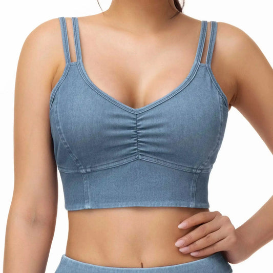 THE GYM PEOPLE Women's Stretchy U Back Wireless Bras V-Neck Strappy Denim Crop Tops Removable Pads
