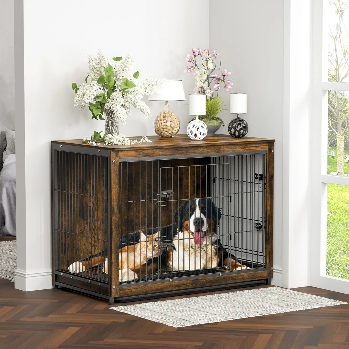 BINGOPAW Dual Door Wooden Pet Crate With Removable Tray