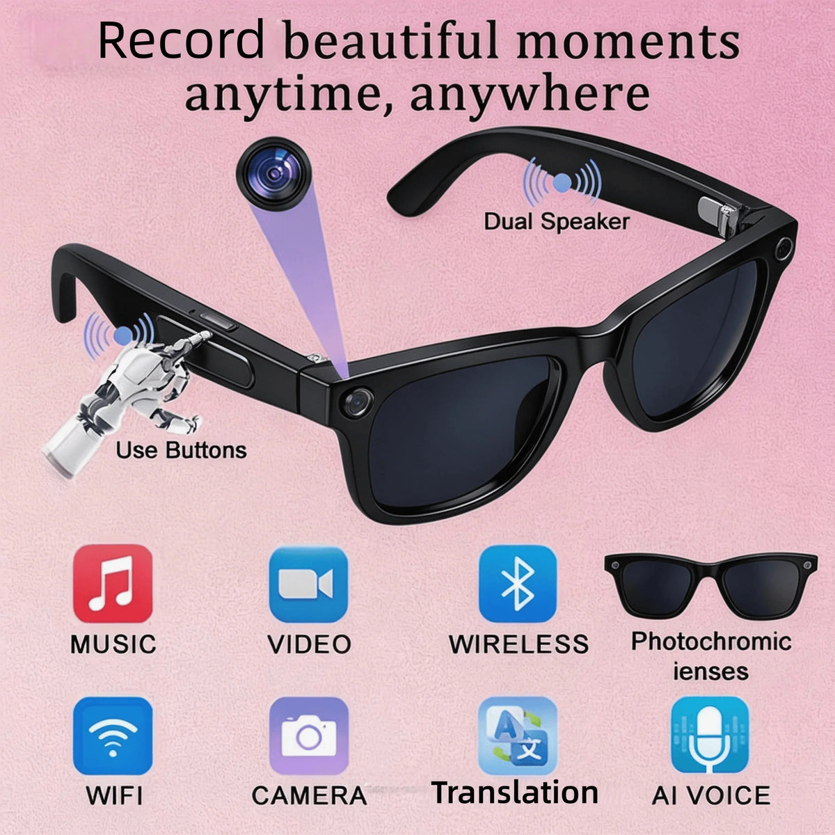W&O AI Camera Glasses With Real Time Translation And Open Ear