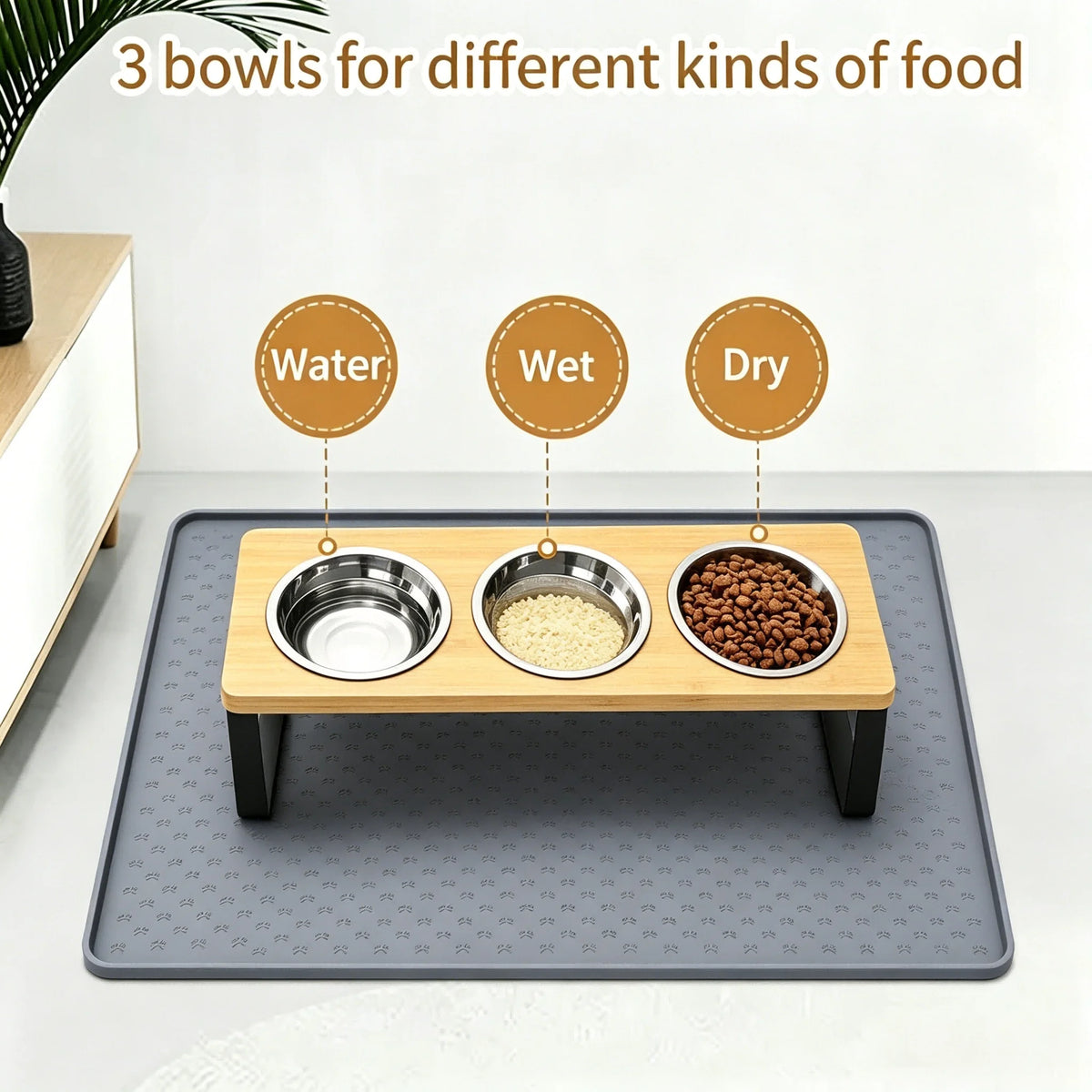Elevated Stainless Steel Cat Feeder With Tilted Bowls And Mat