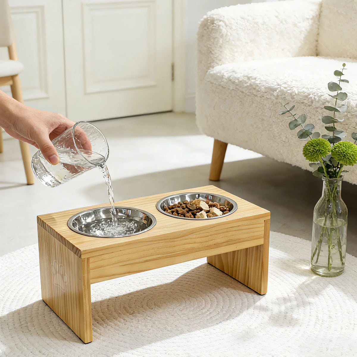 Elevated Wooden Dog Feeder With Stainless Steel Double Bowls