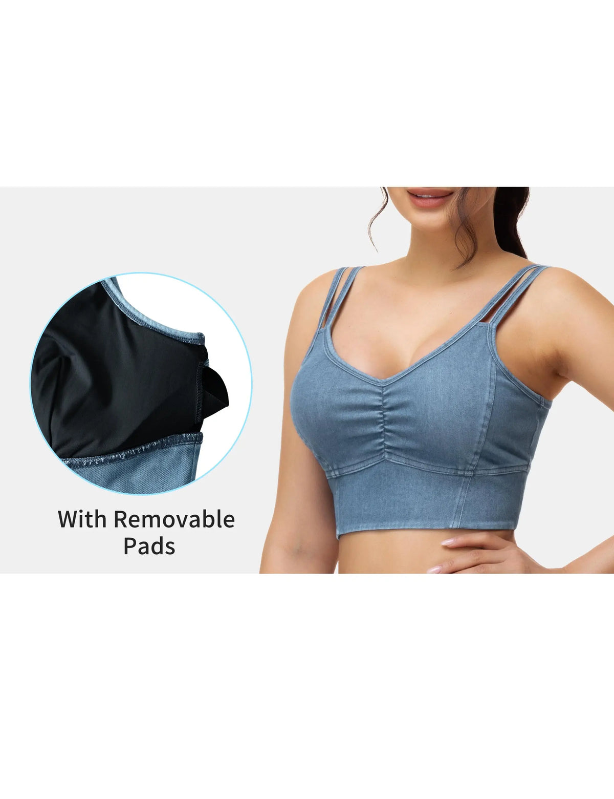 THE GYM PEOPLE Women's Stretchy U Back Wireless Bras V-Neck Strappy Denim Crop Tops Removable Pads