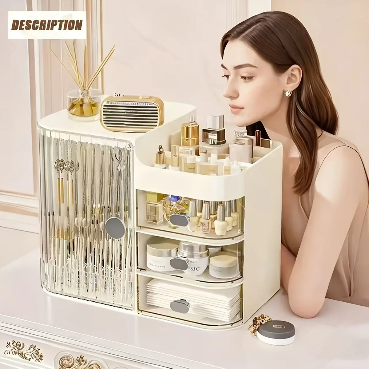 Dustproof Cosmetic Storage Box With Drawers And Brush Holder