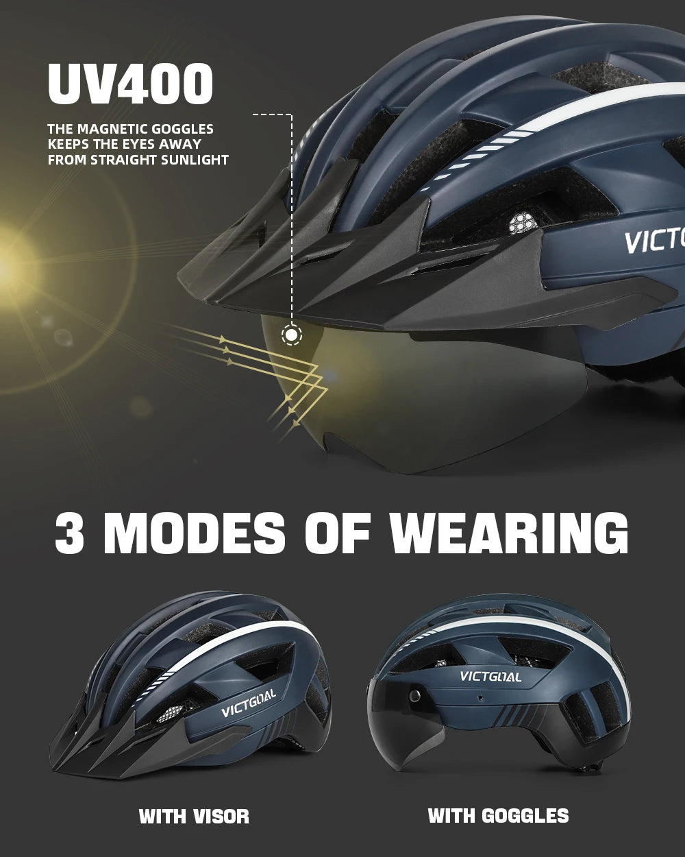 VICTGOAL MTB Bike Helmet with Sun Visor Goggles for Men Women Bicycle Helmets Taillight Night Safety Caps for Cycling Electric Scooter