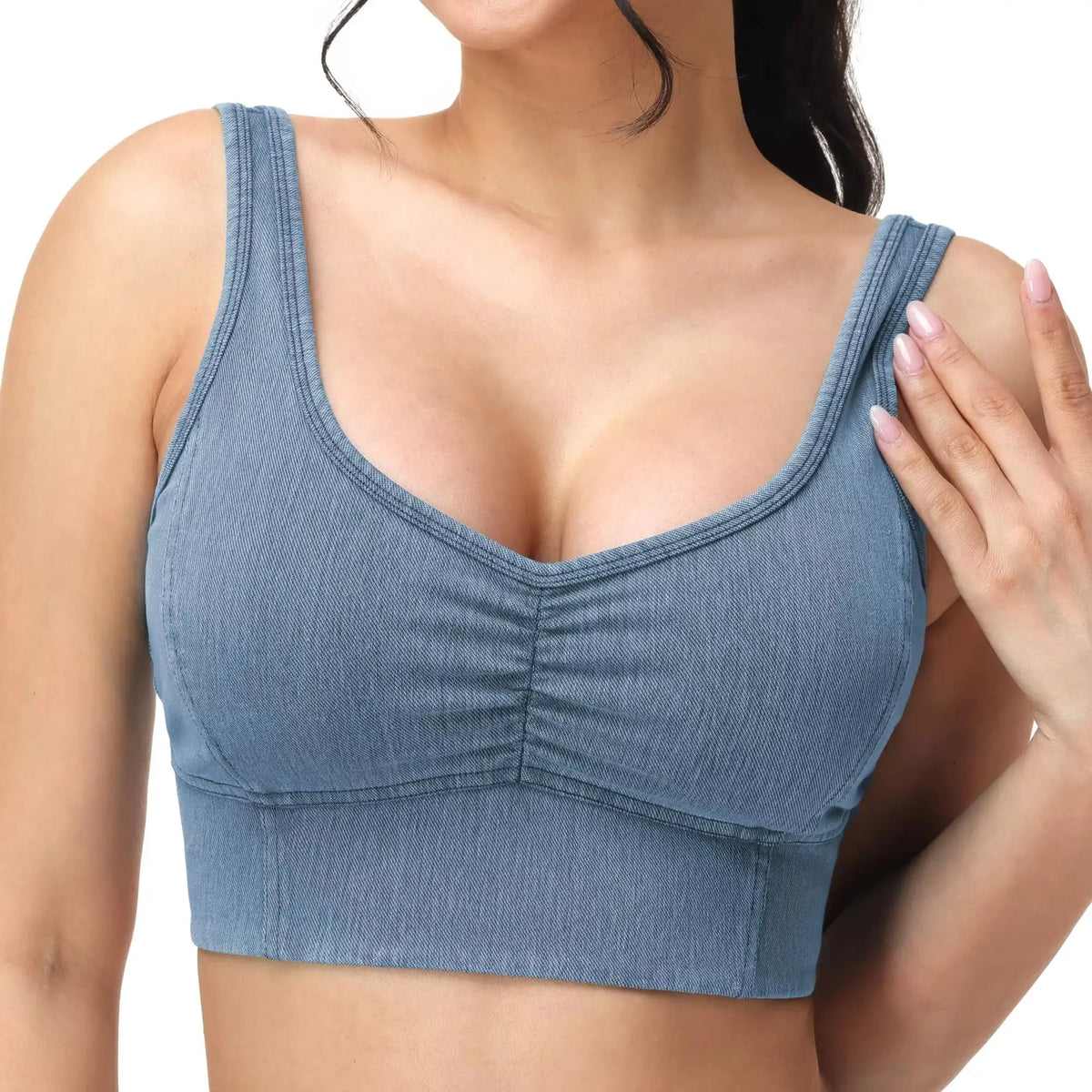 THE GYM PEOPLE Women's U Back Jean Crop Tank Tops with Built in Bra Stretchy Front scrunch  Casual Denim Longline Bras