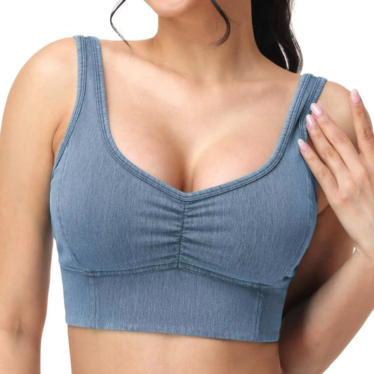 THE GYM PEOPLE Women's U Back Jean Crop Tank Tops with Built in Bra Stretchy Front scrunch  Casual Denim Longline Bras