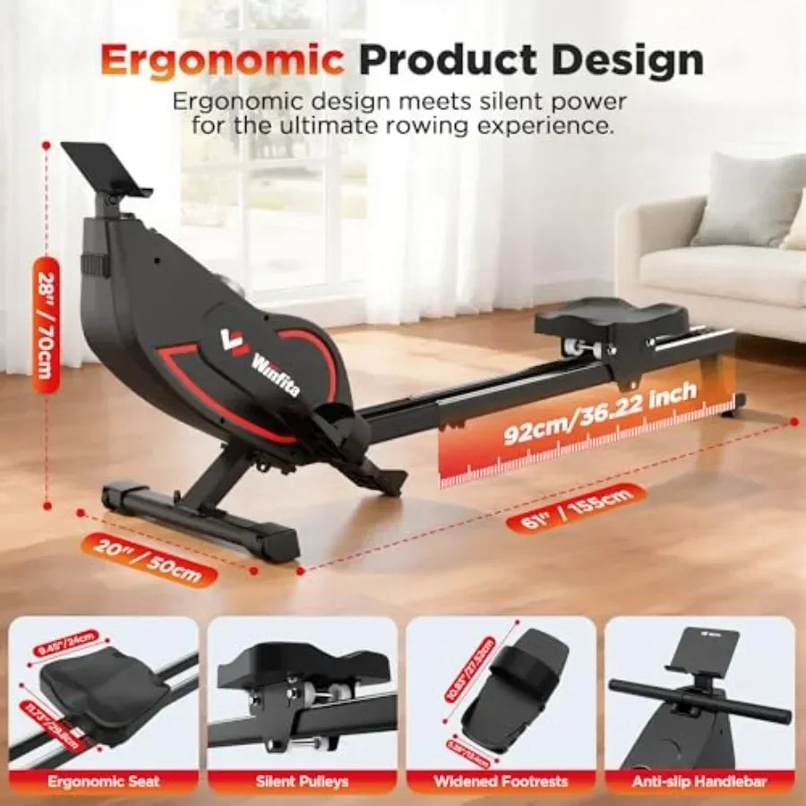 Home rowing machine with magnetic resistance, black and gray, ultra-quiet 32-level adjustment, 350lb capacity, compact dual rai
