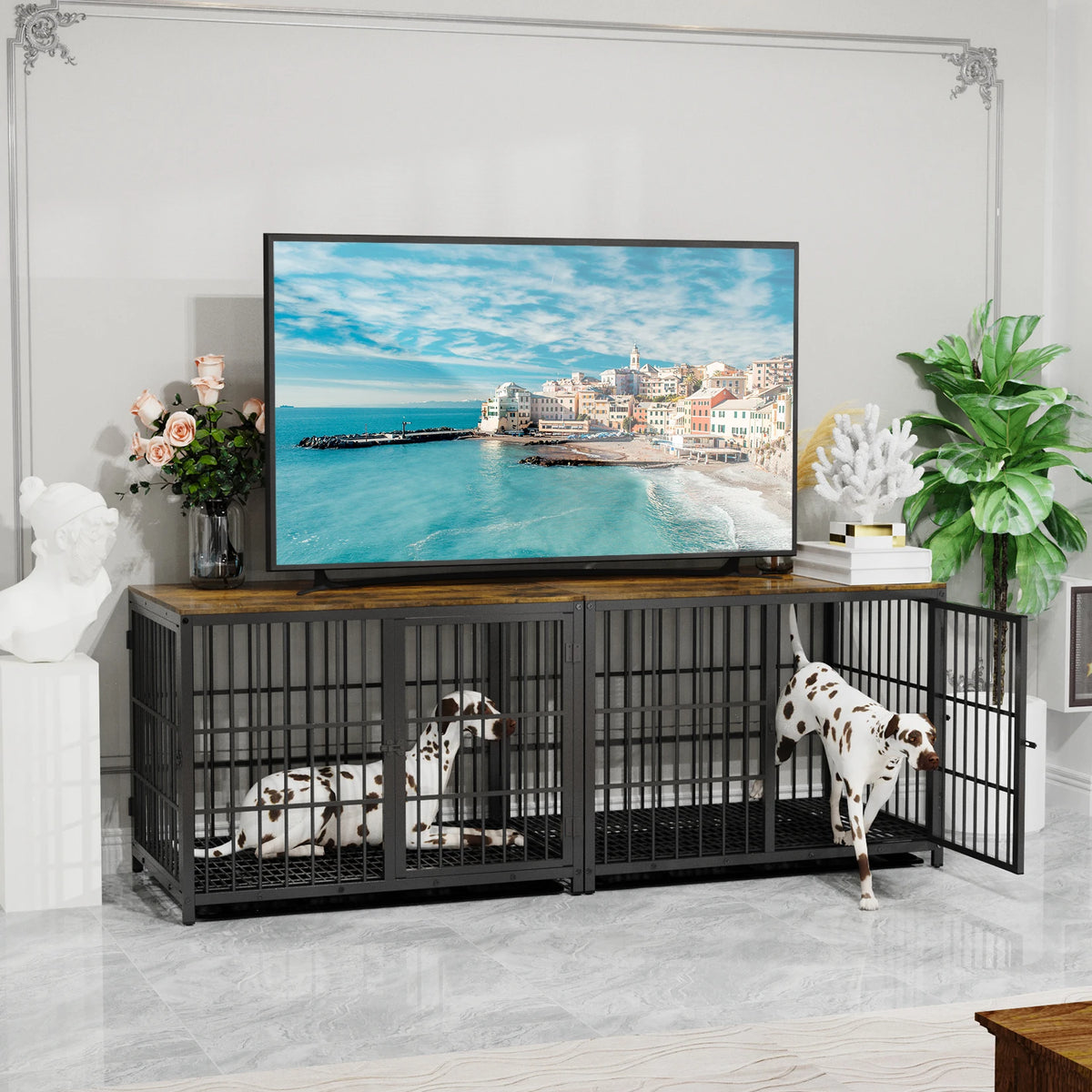 Furniture Style Metal And Wood Dog Crate With Three Doors
