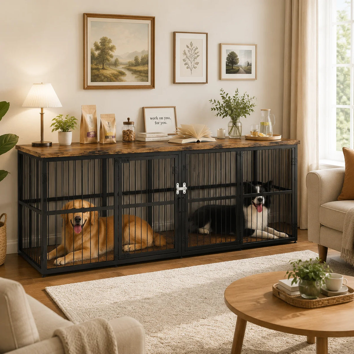 Heavy Duty Wooden Double Dog Crate With Divider And Storage