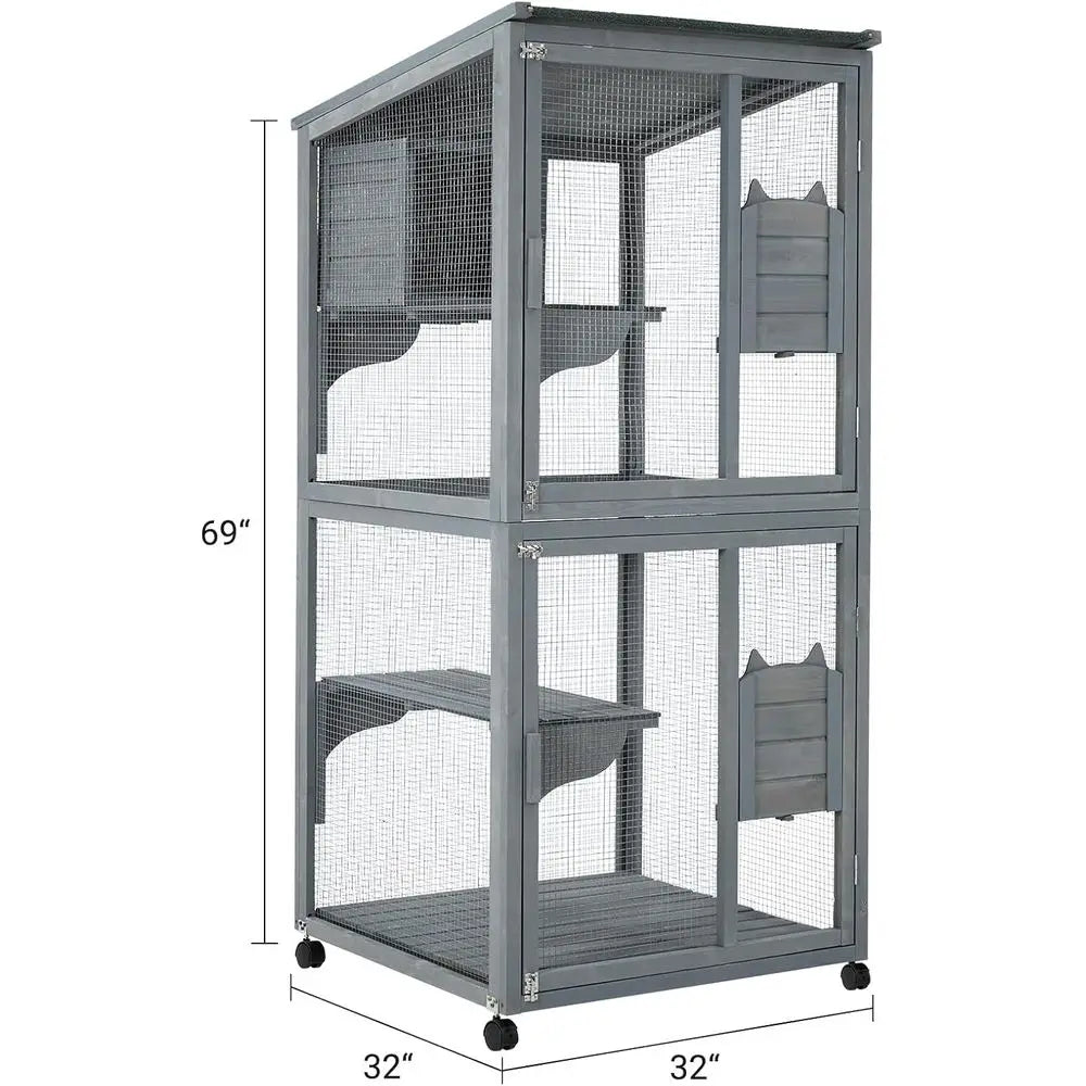 Wooden Multi Level Cat Patio Enclosure With Lockable Wheels