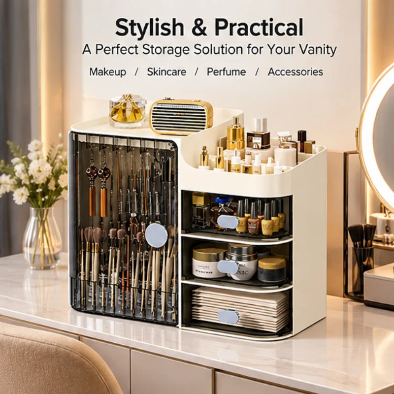 Dustproof Cosmetic Storage Box With Drawers And Brush Holder