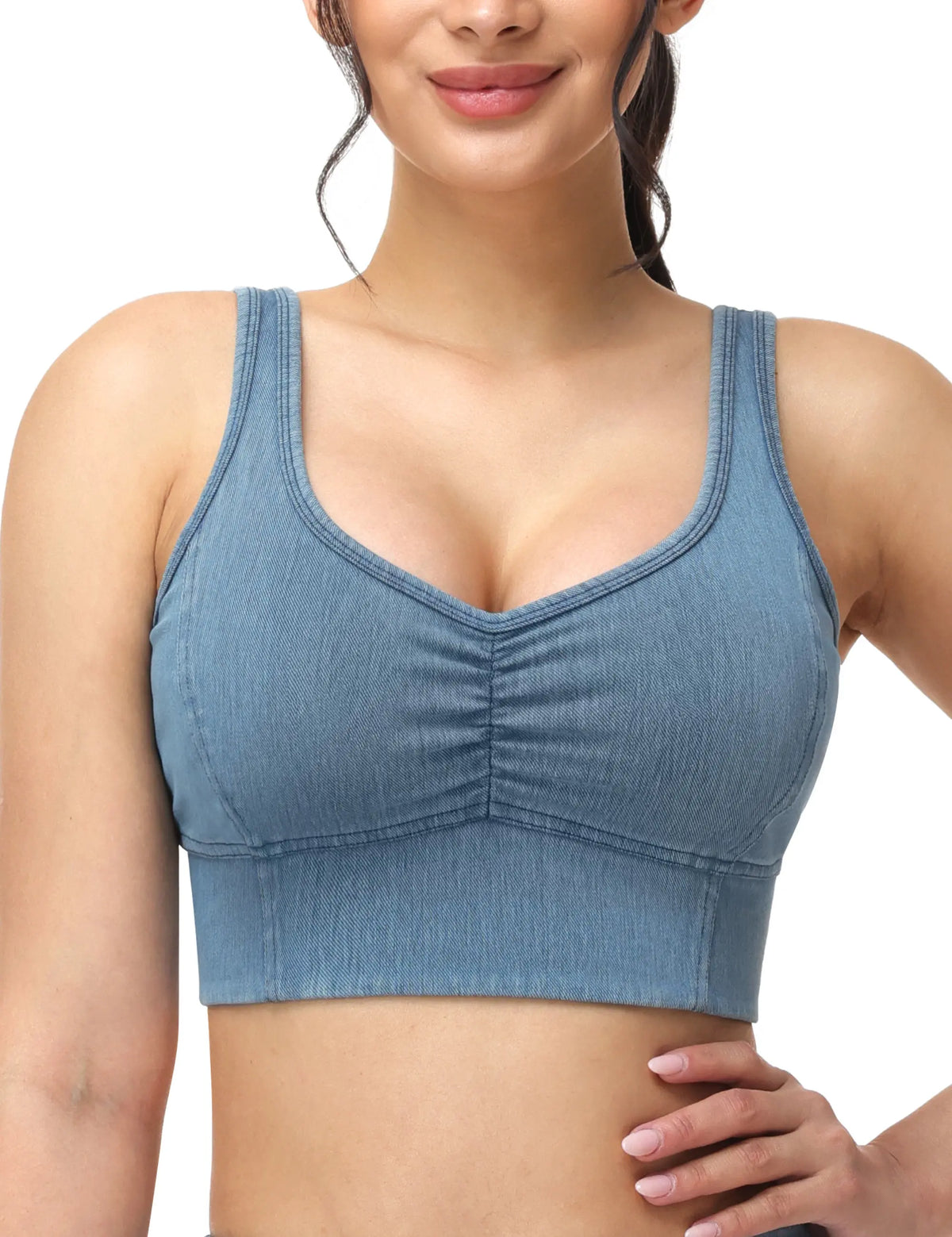 THE GYM PEOPLE Women's U Back Jean Crop Tank Tops with Built in Bra Stretchy Front scrunch  Casual Denim Longline Bras