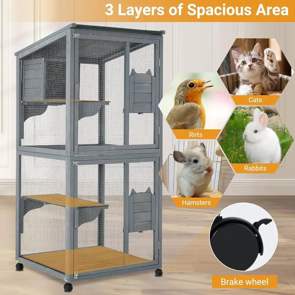 Wooden Multi Level Cat Patio Enclosure With Lockable Wheels