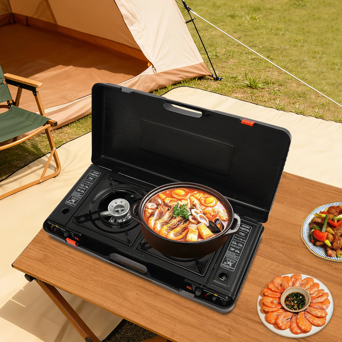 Portable Double Burner Gas Camping Stove With Piezo Ignition