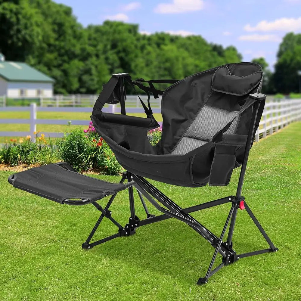 Hammock Camping Chair with ootrest, Oversized olding Swinging Chair or Adults, Rocking Portable Camp with Cup Holder Pillow or O