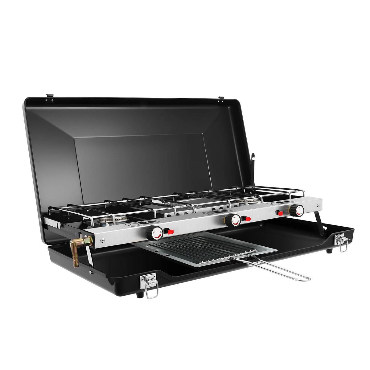 Portable Three Burner Gas Camping Stove Featuring Piezo Ignition System